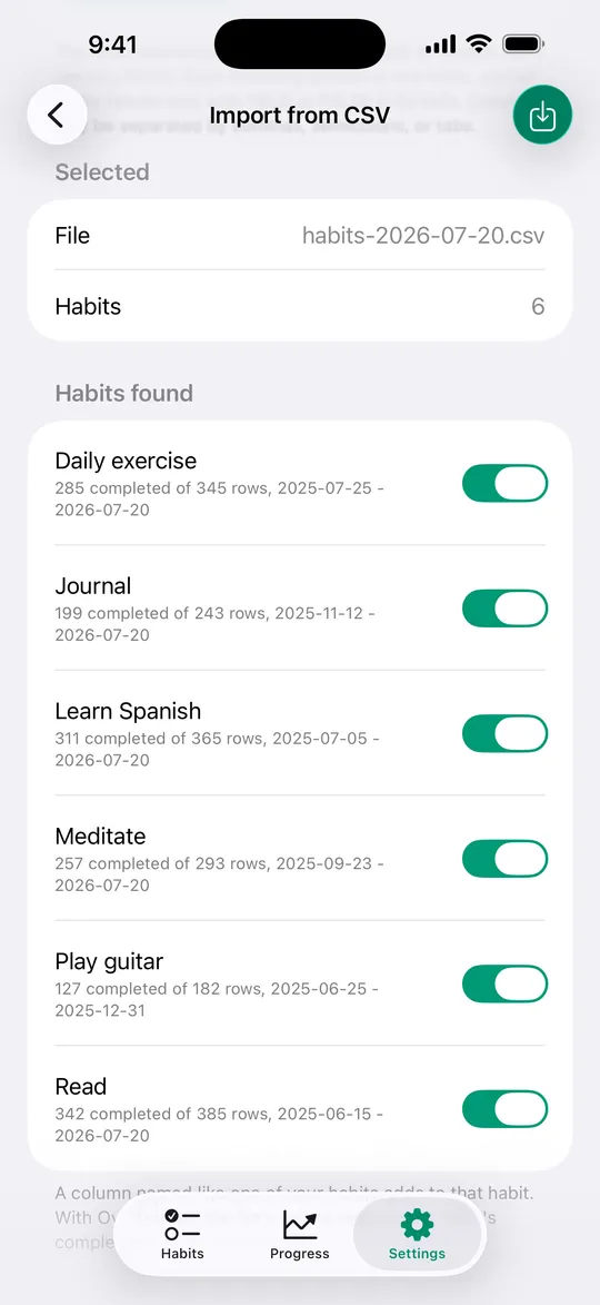 The CSV import in Kyro on iPhone, the habits found in a file with their completed days.