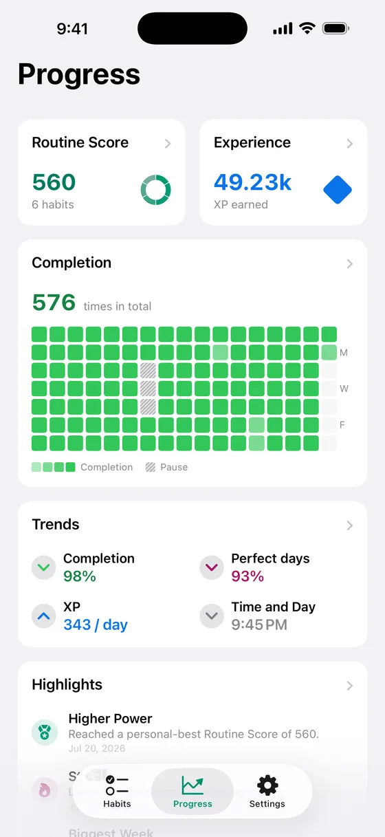 Kyro on iPhone showing the Progress tab with the Routine Score, the XP earned and a completion heatmap.