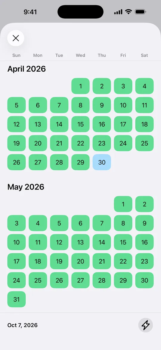 The habit calendar in Kyro on iPhone, an April with one day saved by a streak freeze.