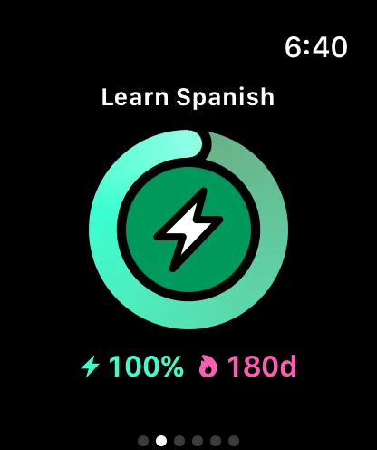Kyro on Apple Watch showing Learn Spanish at full power, with a 180-day streak.